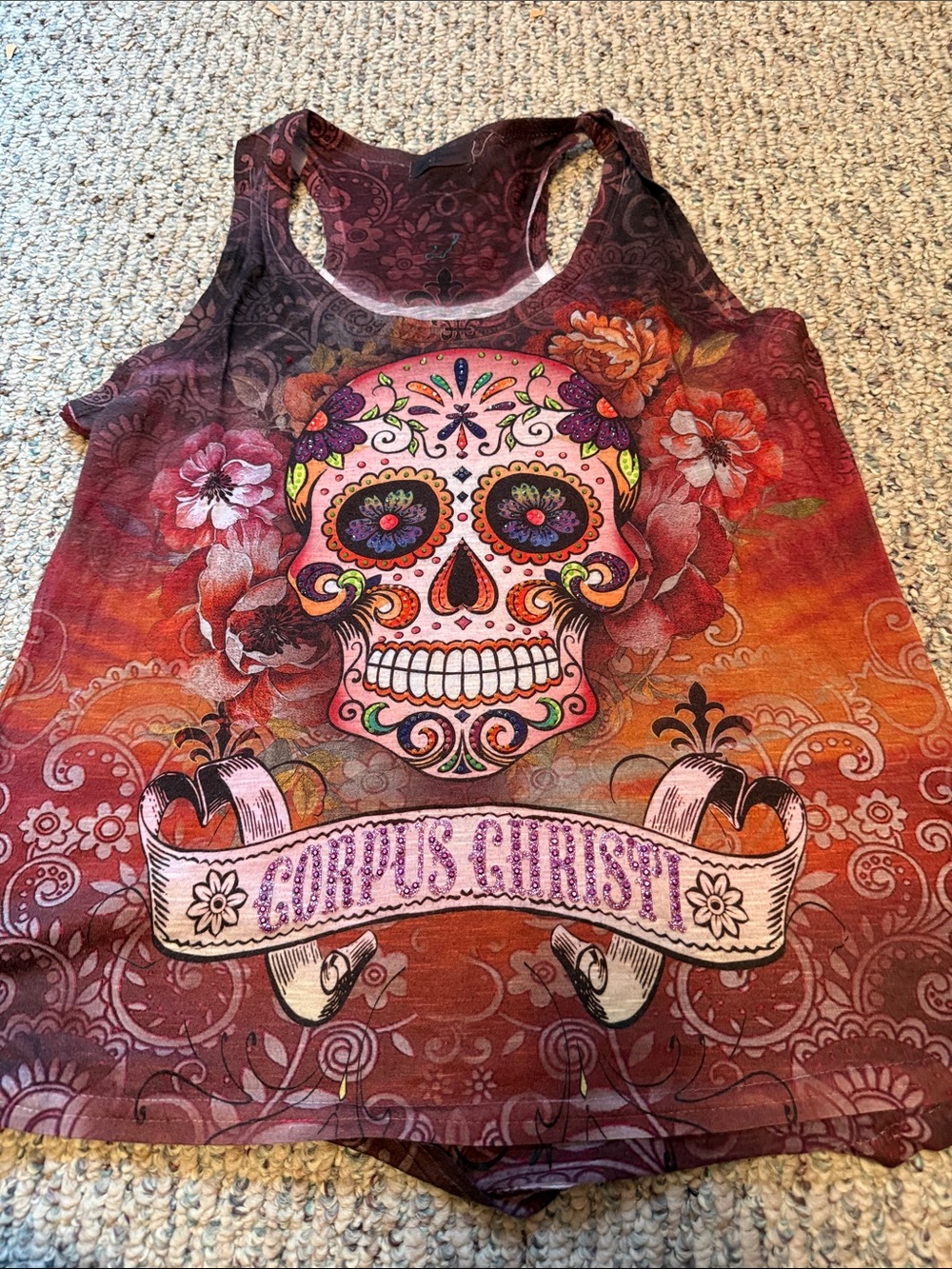 Women’s Red Orange Floral Sugar Skull Tank Top